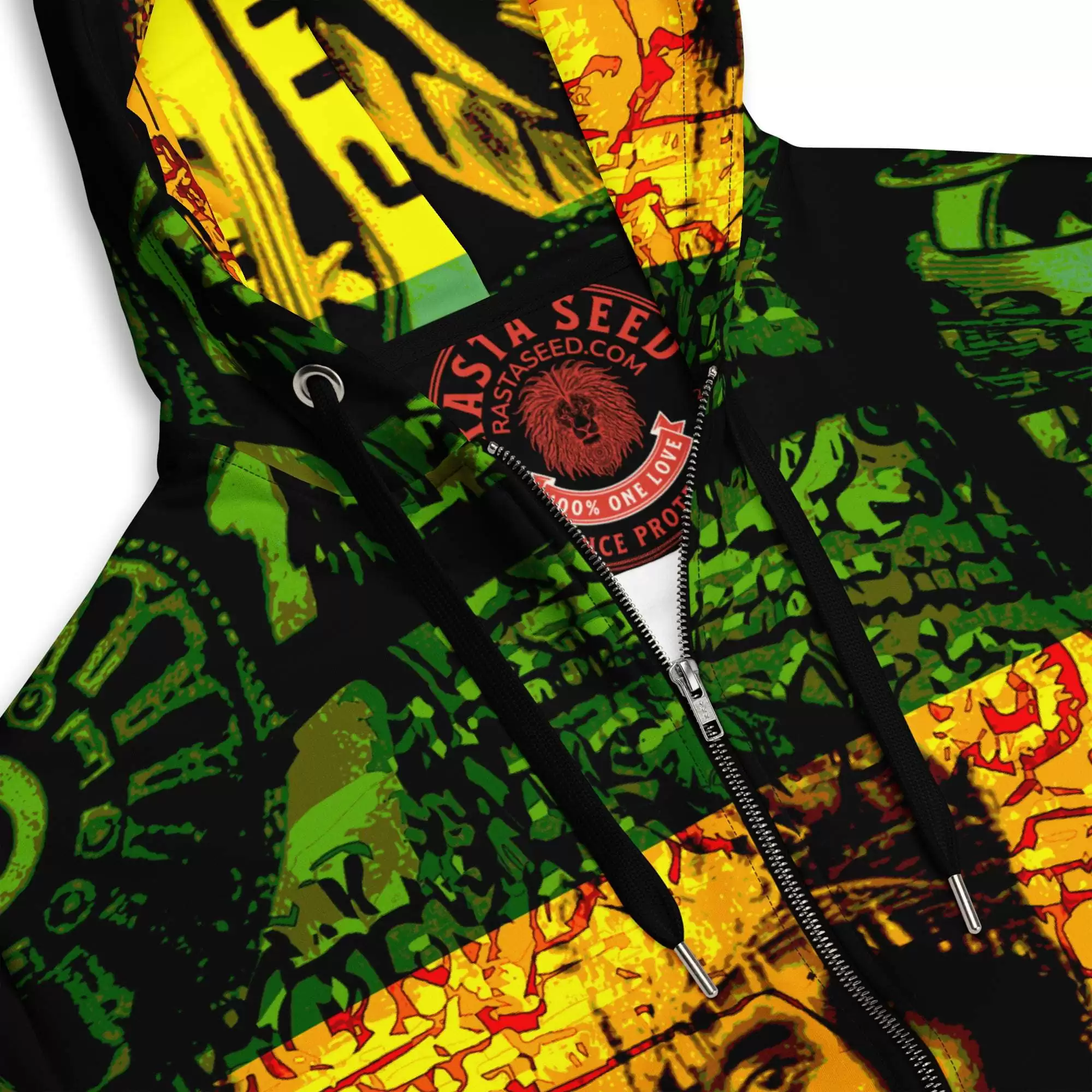 Haile Selassie Natural Mystic zip hoodie label branding view in the Rasta Reggae colors. King of Ethiopia, earth's rightful ruler. Jah lives Rastaseed.com