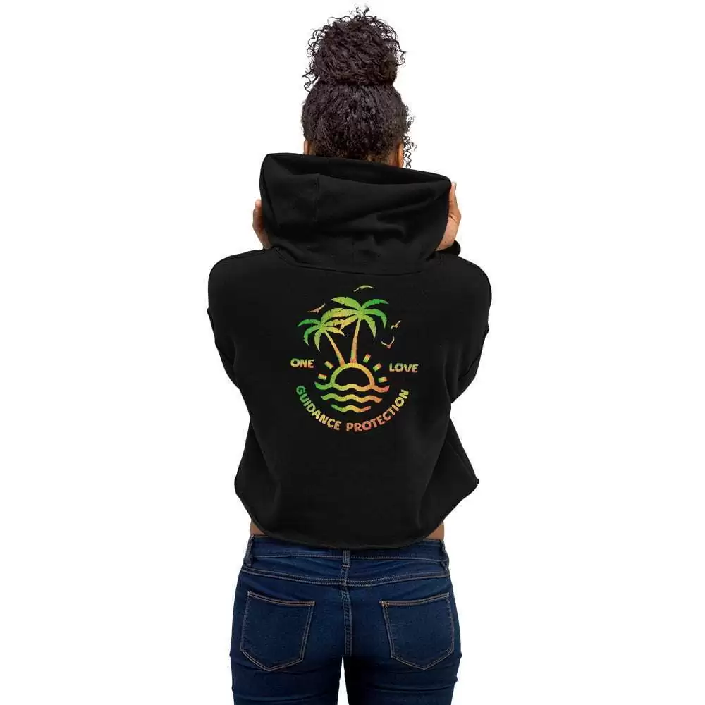 No problem man Rasta crop hoodie back view. Black hoodie with See and blind, hear and deaf on front Rastafarian palm tree one love design on back.