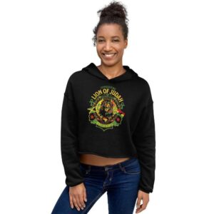 Rasta Lion of Judah Crop Hoodie front view with Conquering Lion of Judah King of Kings Design. Best selling black crop hoodie in our Rasta ladies collection.