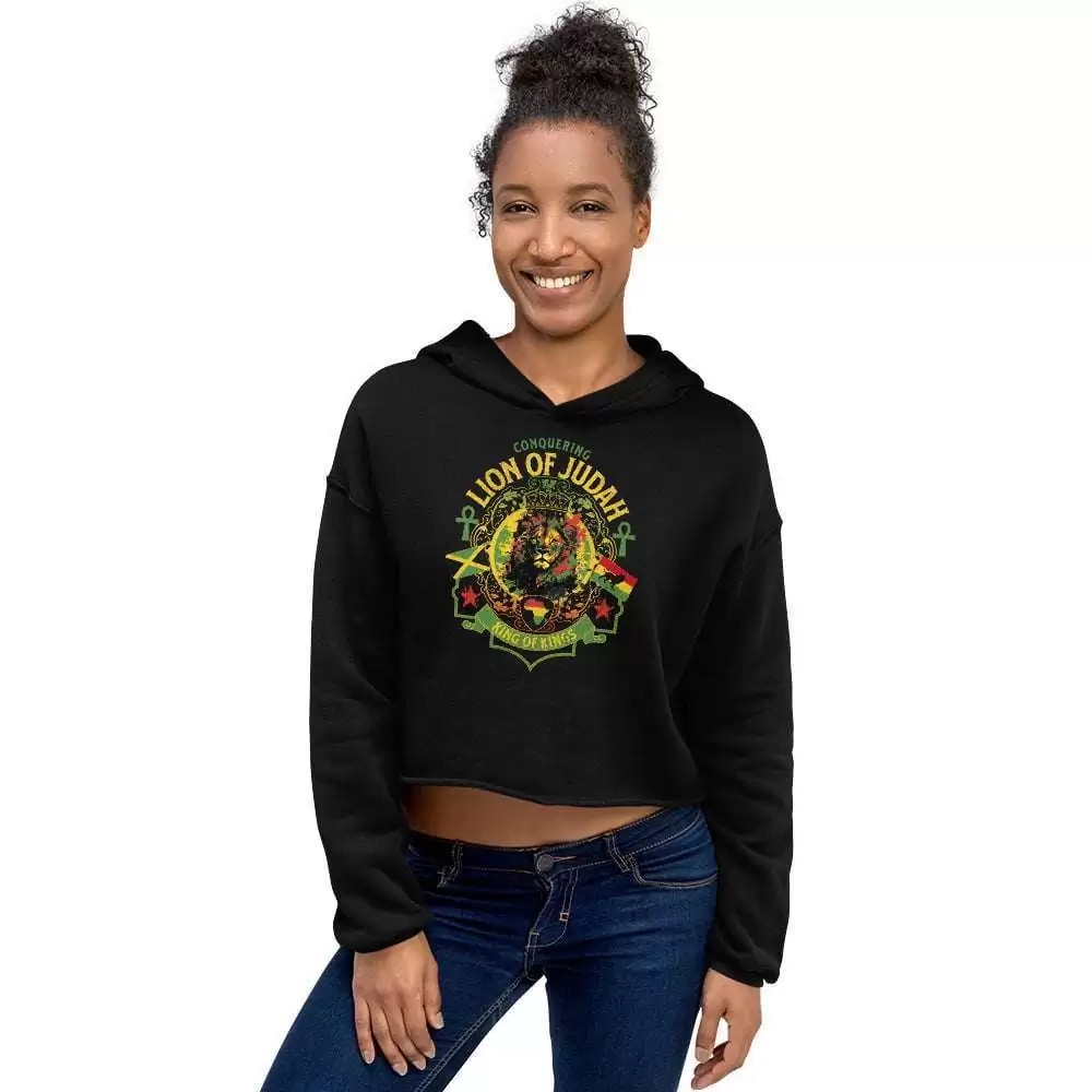 Rasta Lion of Judah Crop Hoodie front view with Conquering Lion of Judah King of Kings Design. Best selling black crop hoodie in our Rasta ladies collection.