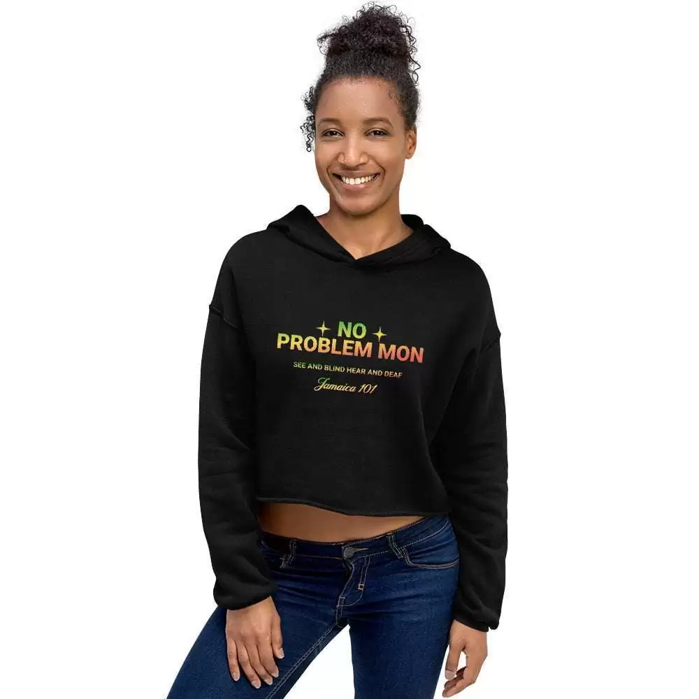 No problem man Rasta crop hoodie front view. Black hoodie with See and blind, hear and deaf on front Rastafarian palm tree one love design on back.