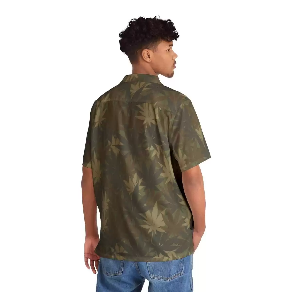 Hemp Leaf Shirt back view model Camouflage Print in khaki colors. This camo shirt is smart and comfortable. Hemp is a gift to manking for medicine and more.