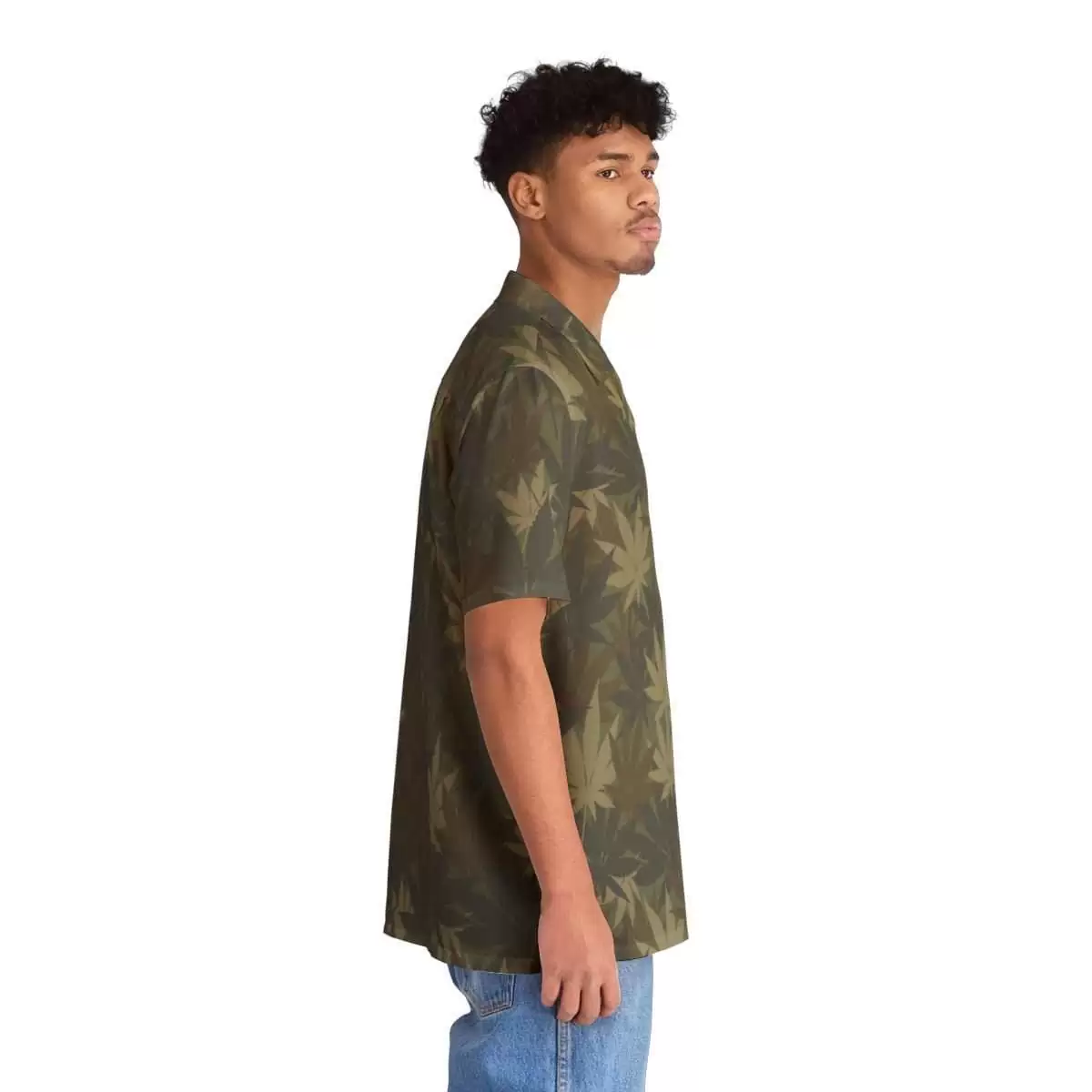 Hemp Leaf Shirt side right view model Camouflage Print in khaki colors. This camo shirt is smart and comfortable. Hemp is a gift to manking for medicine and more.