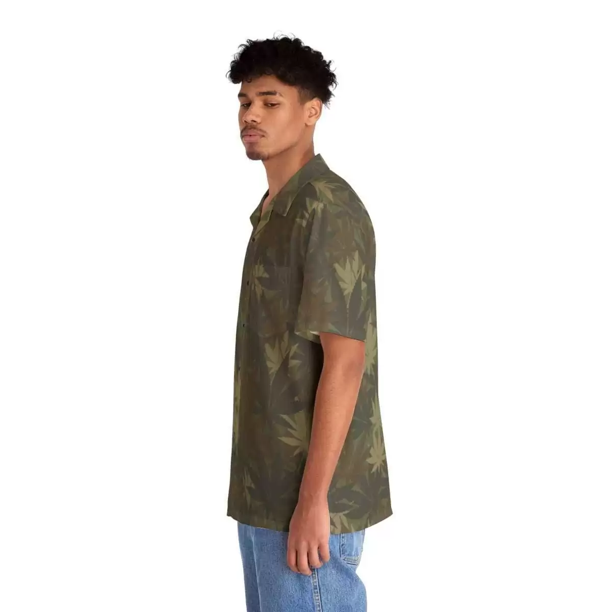 Hemp Leaf Shirt left side view model Camouflage Print in khaki colors. This camo shirt is smart and comfortable. Hemp is a gift to manking for medicine and more.