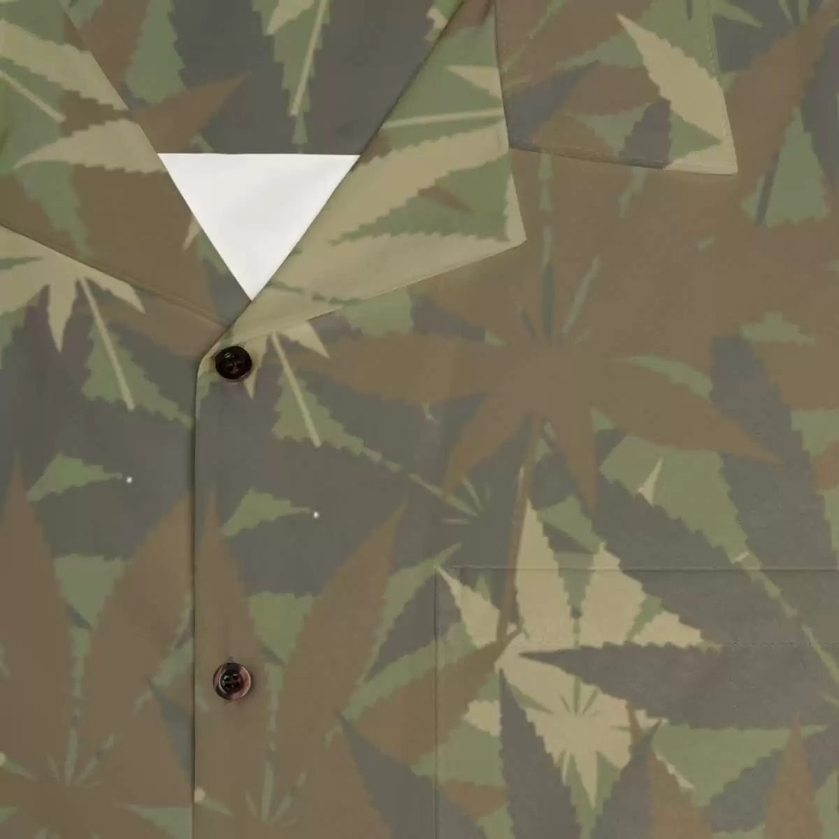 Hemp Leaf Shirt close up view Camouflage Print in khaki colors. This camo shirt is smart and comfortable. Hemp is a gift to manking for medicine and more.