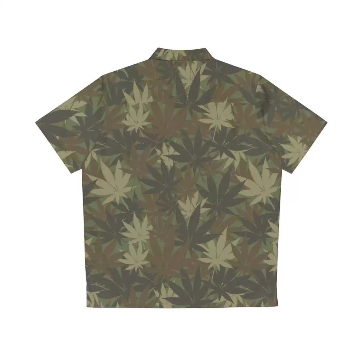 Hemp Leaf Shirt back view Camouflage Print in khaki colors. This camo shirt is smart and comfortable. Hemp is a gift to manking for medicine and more.