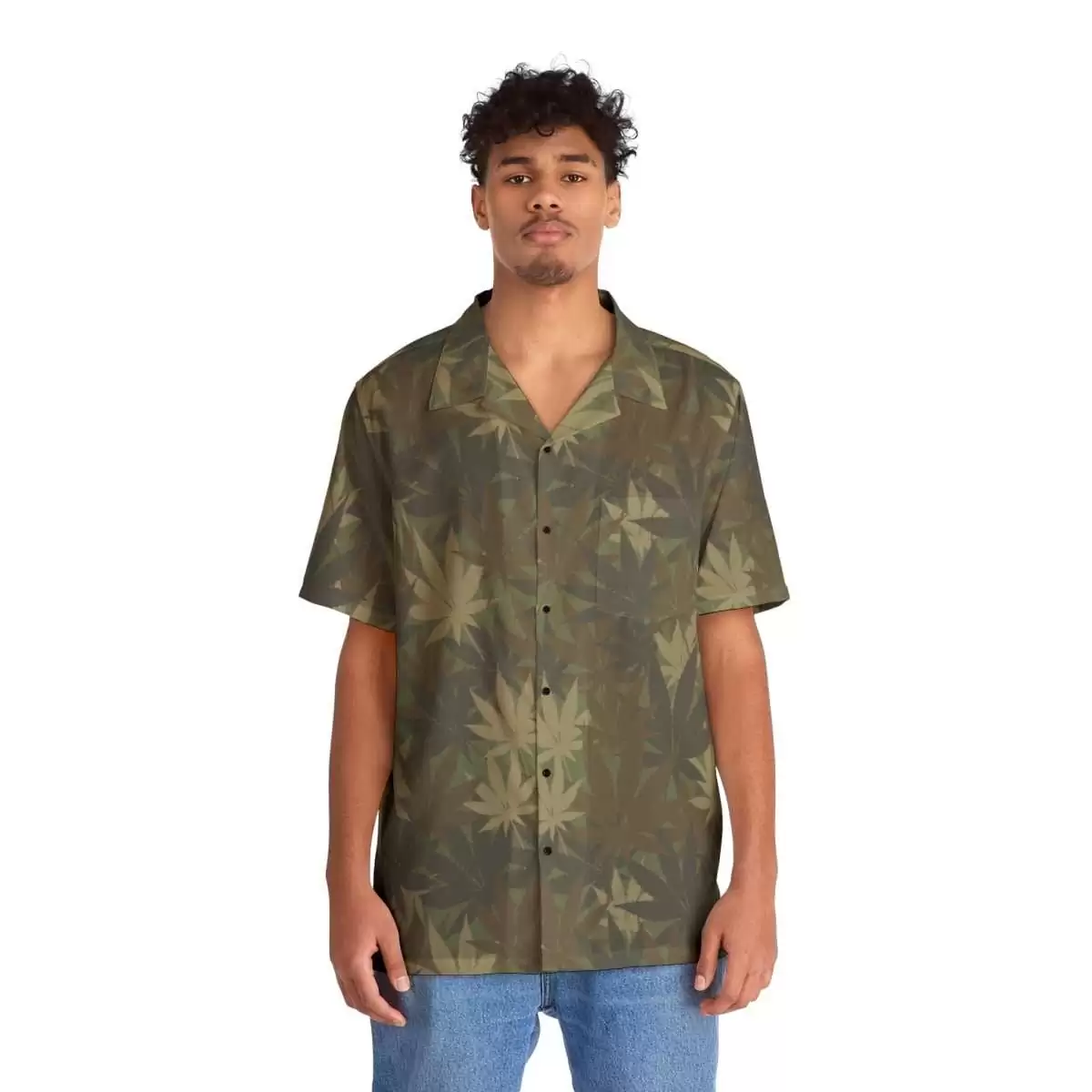 Hemp Leaf Shirt front view model Camouflage Print in khaki colors. This camo shirt is smart and comfortable. Hemp is a gift to manking for medicine and more.