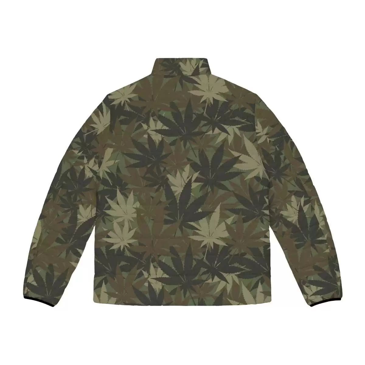 Hemp leaf puffer jacket back view in khaki camouflage design. Good size selection, warm and soft to touch. The hemp plant is a gift to mankind.