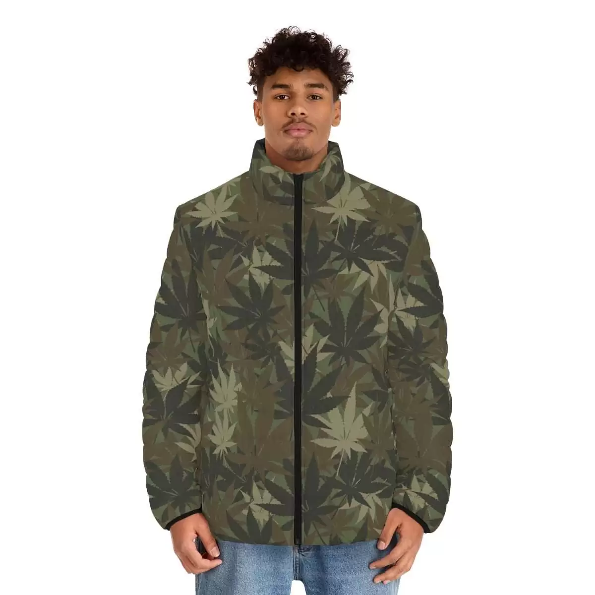 Hemp leaf puffer jacket front model view in khaki camouflage design. Good size selection, warm and soft to touch. The hemp plant is a gift to mankind.