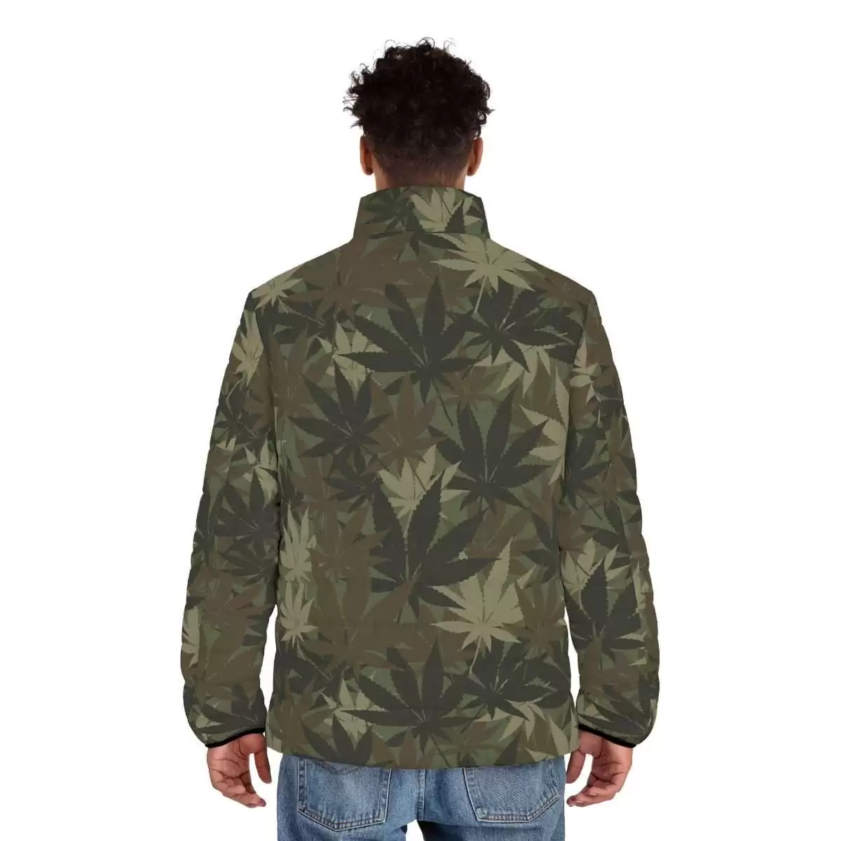 Hemp leaf puffer jacket back model view in khaki camouflage design. Good size selection, warm and soft to touch. The hemp plant is a gift to mankind.