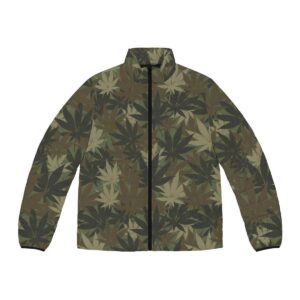 Hemp leaf puffer jacket front view in khaki camouflage design. Good size selection, warm and soft to touch. The hemp plant is a gift to mankind.