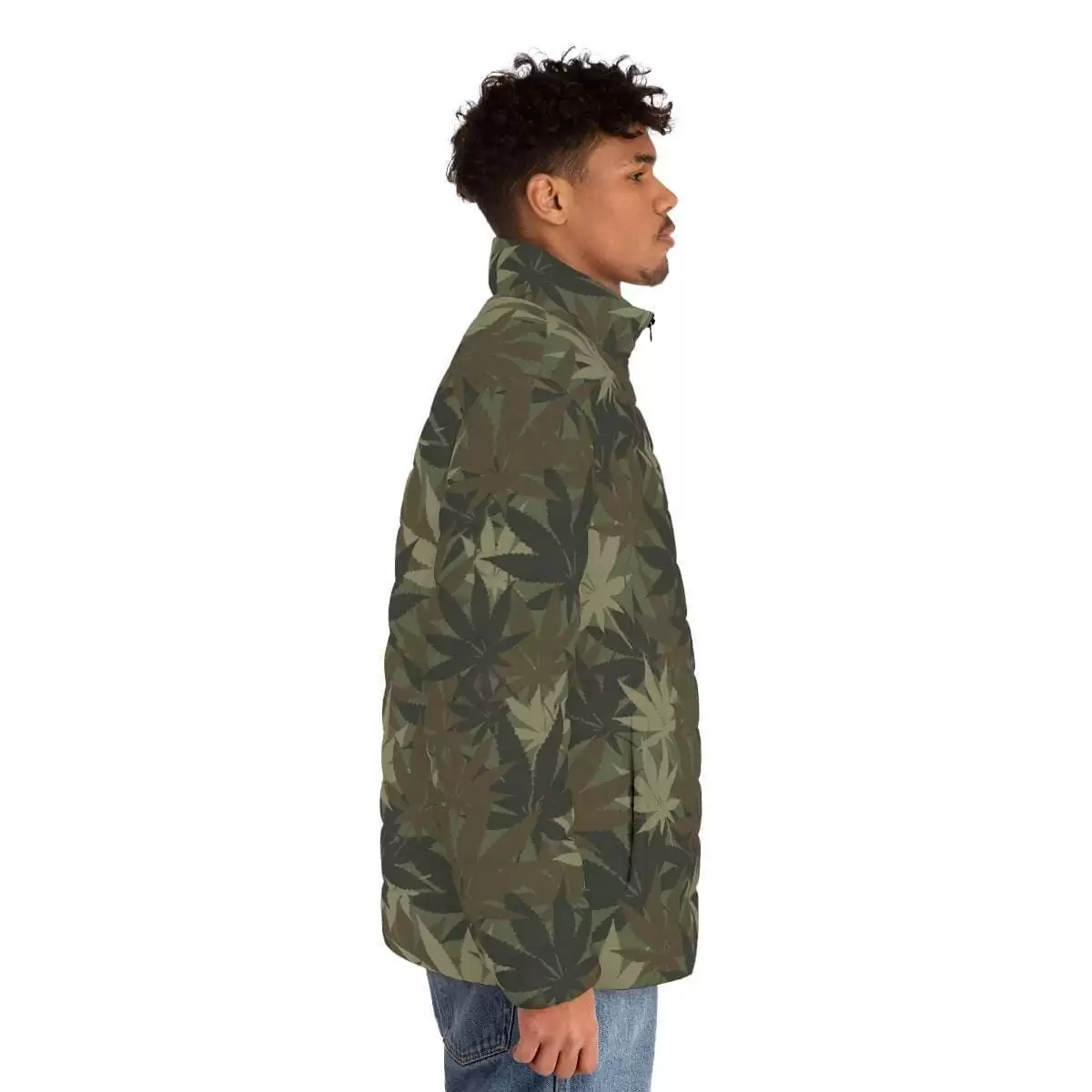 Hemp leaf puffer jacket right side view model in khaki camouflage design. Good size selection, warm and soft to touch. The hemp plant is a gift to mankind.