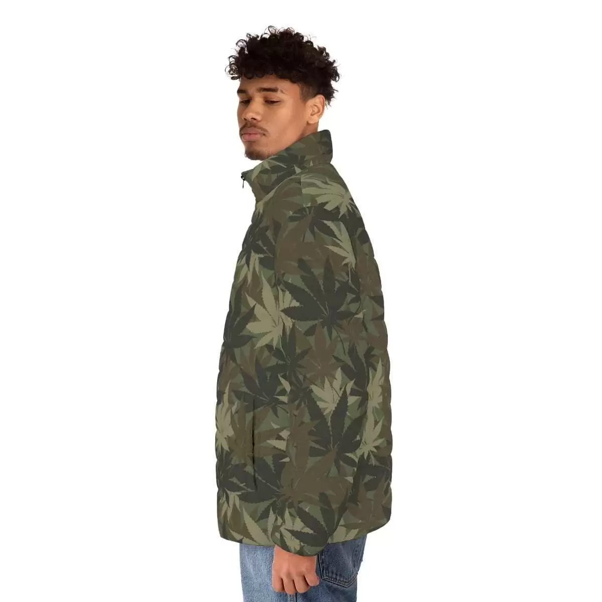 Hemp leaf puffer jacket left side view model in khaki camouflage design. Good size selection, warm and soft to touch. The hemp plant is a gift to mankind.