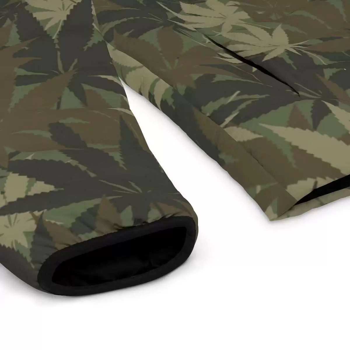 Hemp leaf puffer jacket close up view in khaki camouflage design. Good size selection, warm and soft to touch. The hemp plant is a gift to mankind.