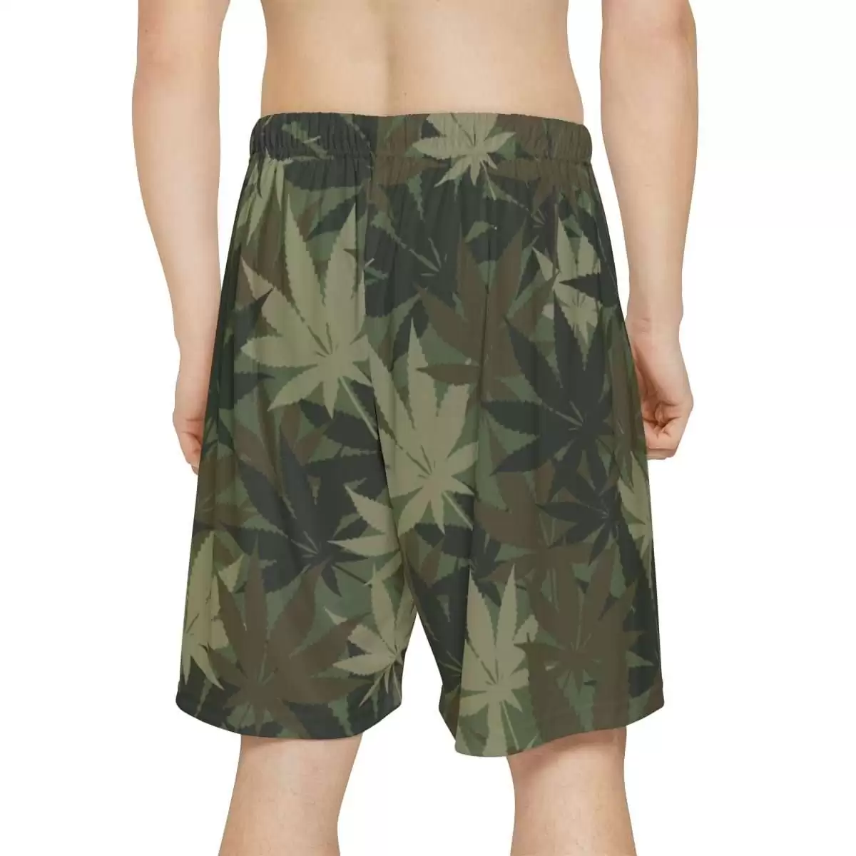 Hemp Leaf Camouflage Shorts back view model in Khaki colors. Available in plenty of sizes from xs to 2xl. Rasta clothing and Jamaican Reggae merchandise.