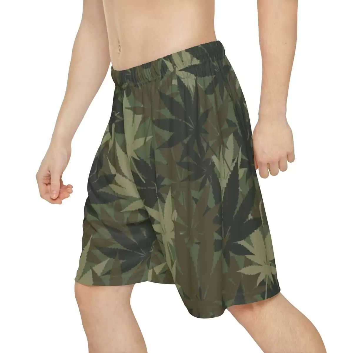 Hemp Leaf Camouflage Shorts side left view in Khaki colors. Available in plenty of sizes from xs to 2xl. Rasta clothing and Jamaican Reggae merchandise.