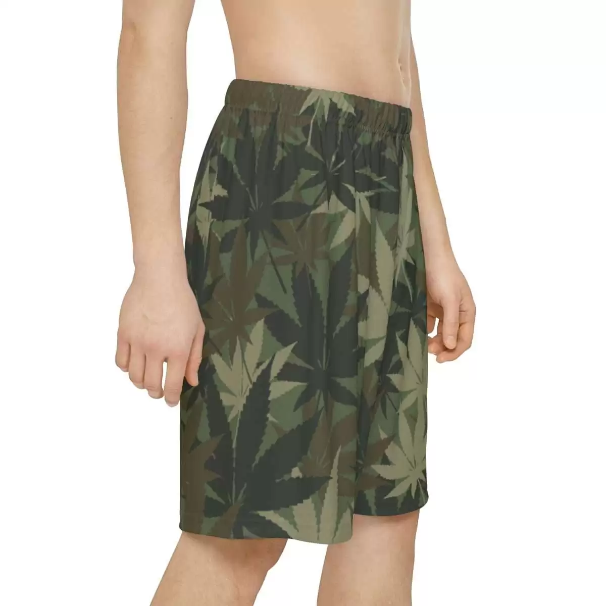 Hemp Leaf Camouflage Shorts side right view in Khaki colors. Available in plenty of sizes from xs to 2xl. Rasta clothing and Jamaican Reggae merchandise.