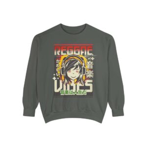 Reggae sweatshirt front view in manga design with reggae colors. Quality Comfort Colors brand in Pepper Grey. Unisex sweatshirt in six sizes.
