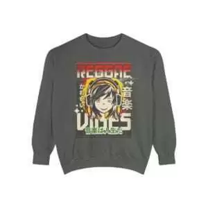 Reggae sweatshirt front view in manga design with reggae colors. Quality Comfort Colors brand in Pepper Grey. Unisex sweatshirt in six sizes.