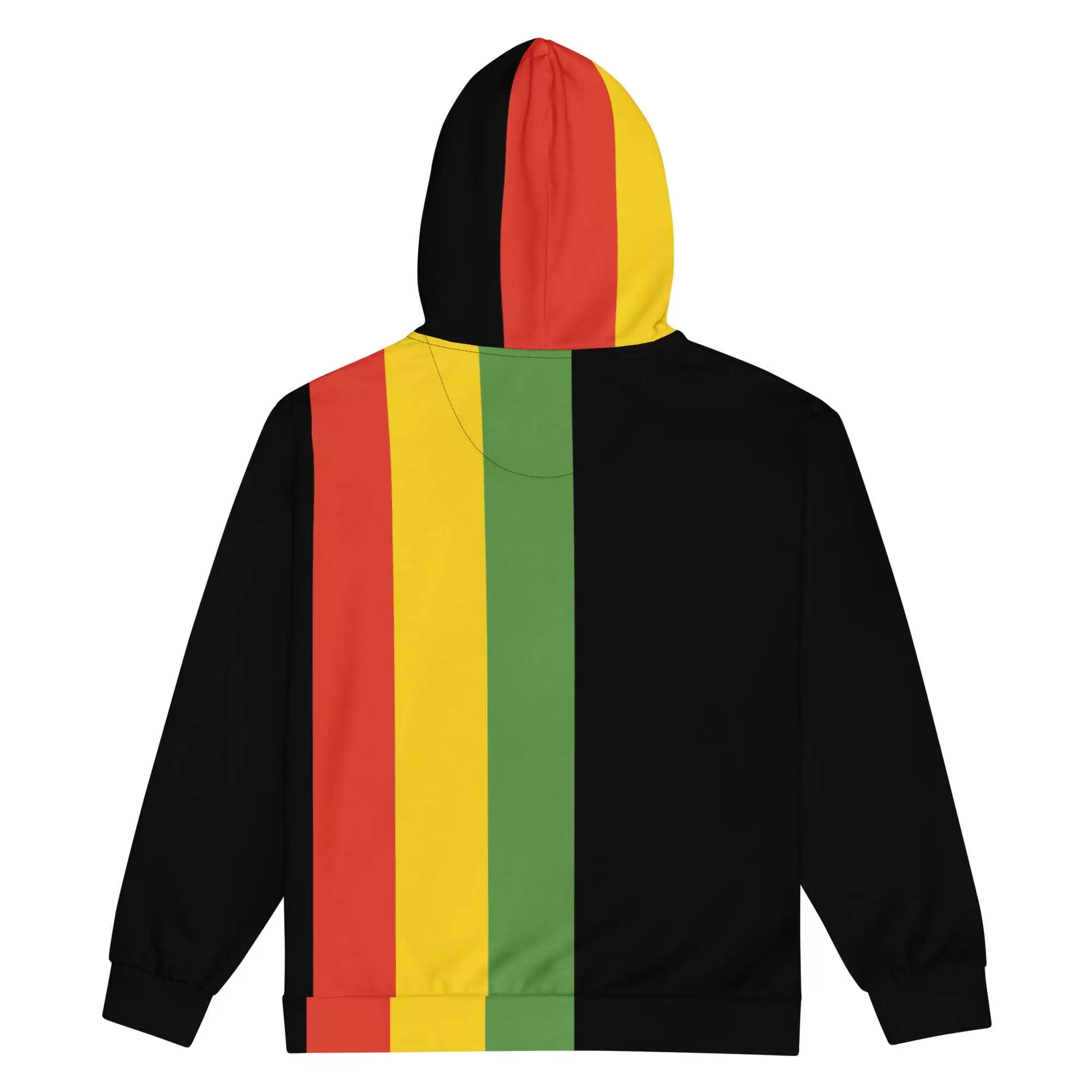 Roots zip up hoodie, black with red, gold and green stripe and hemp leaf logo back view. Rastafarian clothing and Jamaican gear at Rastaseed.com
