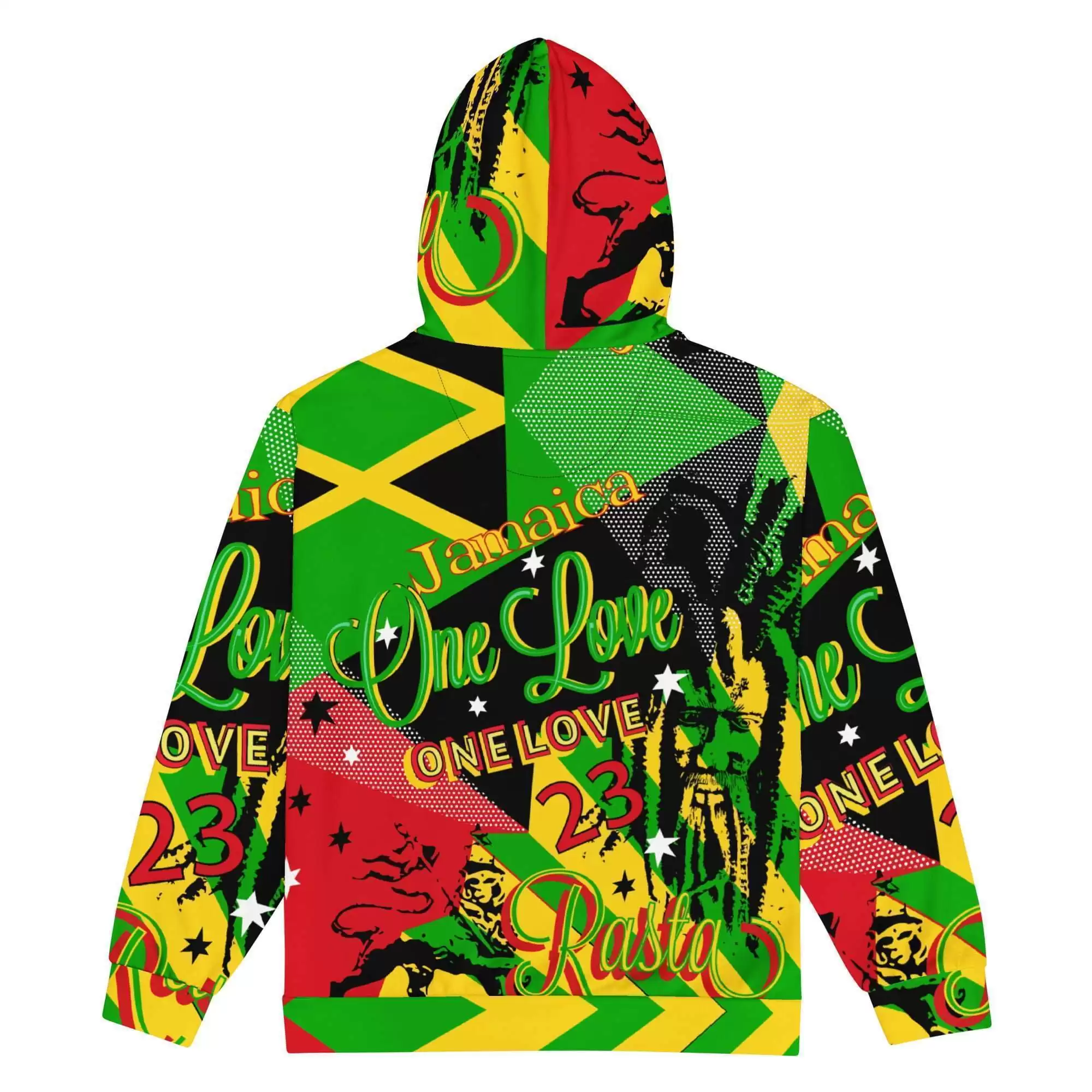 Jamaican Reggae Party Zip hoodie back view in the Rasta colors with Lion of Judah, Rastaman, one love message and Jamaican flag. Rastaseed.com