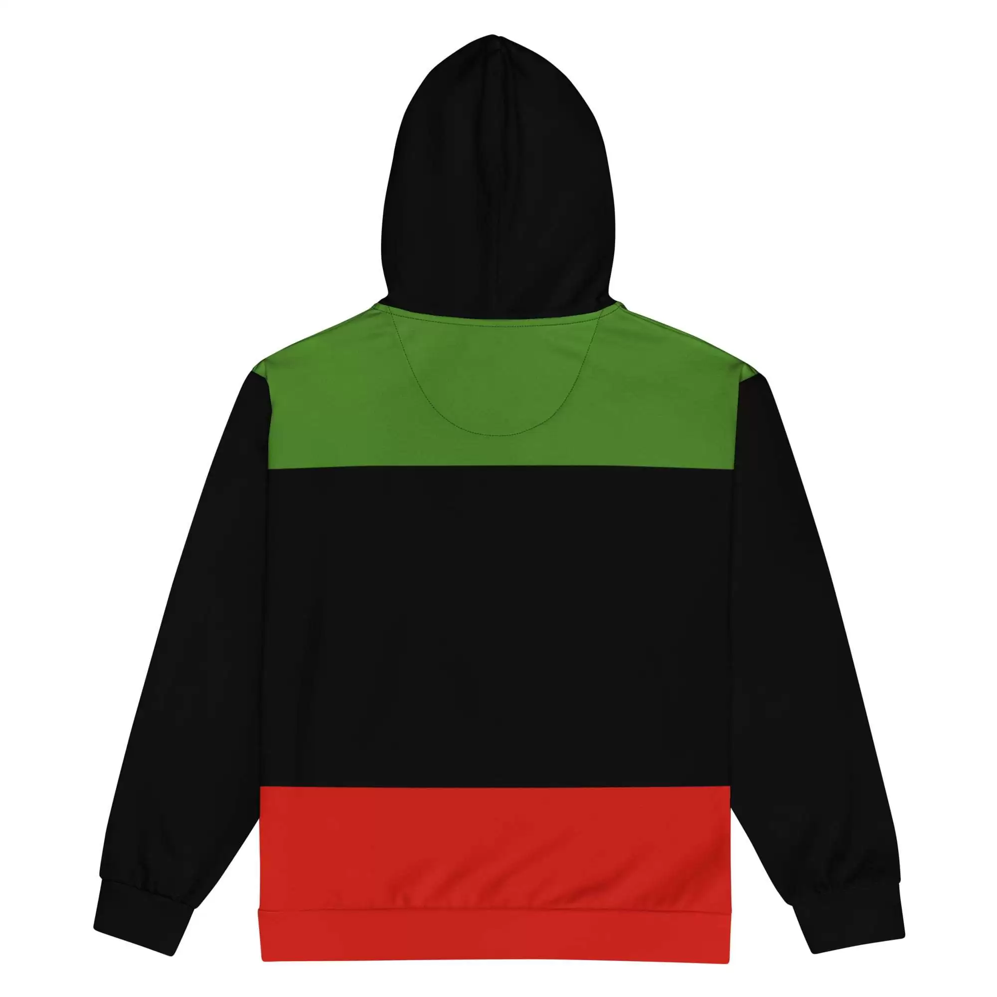 Black Panther Party hoodie zip up back view unisex style with black trim. Pan African colors people power design at Rastaseed.com clothing and merchandise.