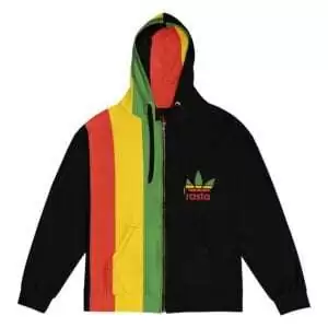 Roots zip up hoodie, black with red, gold and green stripe and hemp leaf logo. front view Rastafarian clothing and Jamaican gear at Rastaseed.com