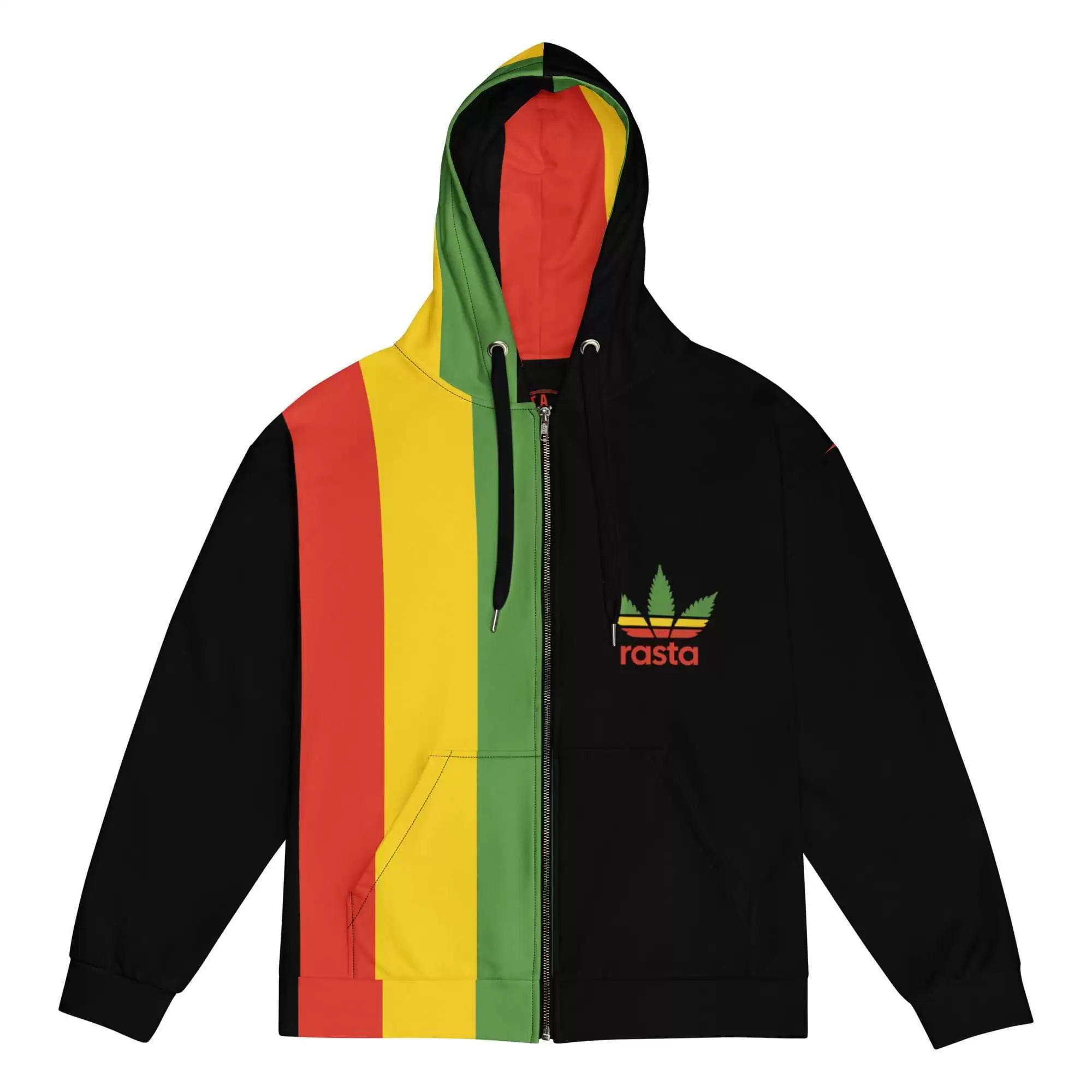 Roots zip up hoodie, black with red, gold and green stripe and hemp leaf logo. front view Rastafarian clothing and Jamaican gear at Rastaseed.com