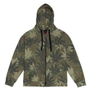 Hemp Zip Hoodie front design with khaki hemp leaf Camouflage Print Design. Unisex zip up design with black trim made from recycled fabric.