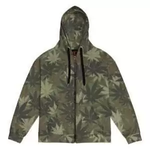 Hemp Zip Hoodie front design with khaki hemp leaf Camouflage Print Design. Unisex zip up design with black trim made from recycled fabric.