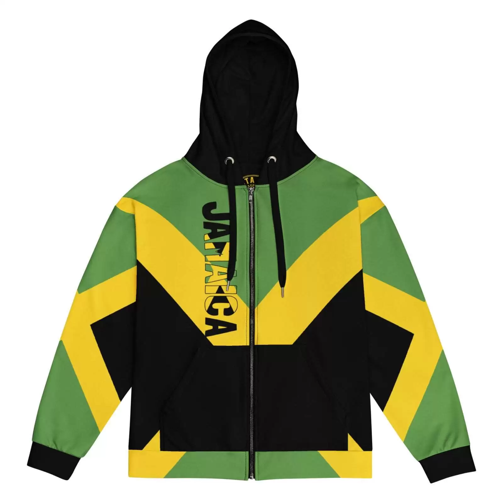 Jamaica Hoodie front view with black hood and trim. Jamaican flag unisex design from XS to 6XL. Made from recycled fabric at Rastaseed.com