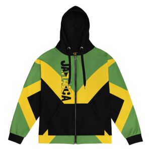 Jamaica Hoodie front view with black hood and trim. Jamaican flag unisex design from XS to 6XL. Made from recycled fabric at Rastaseed.com