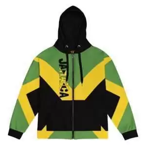 Jamaica Hoodie front view with black hood and trim. Jamaican flag unisex design from XS to 6XL. Made from recycled fabric at Rastaseed.com
