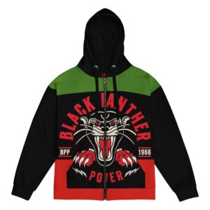 Black Panther Party hoodie zip up front view unisex style with black trim. Pan African colors people power design at Rastaseed.com clothing and merchandise.