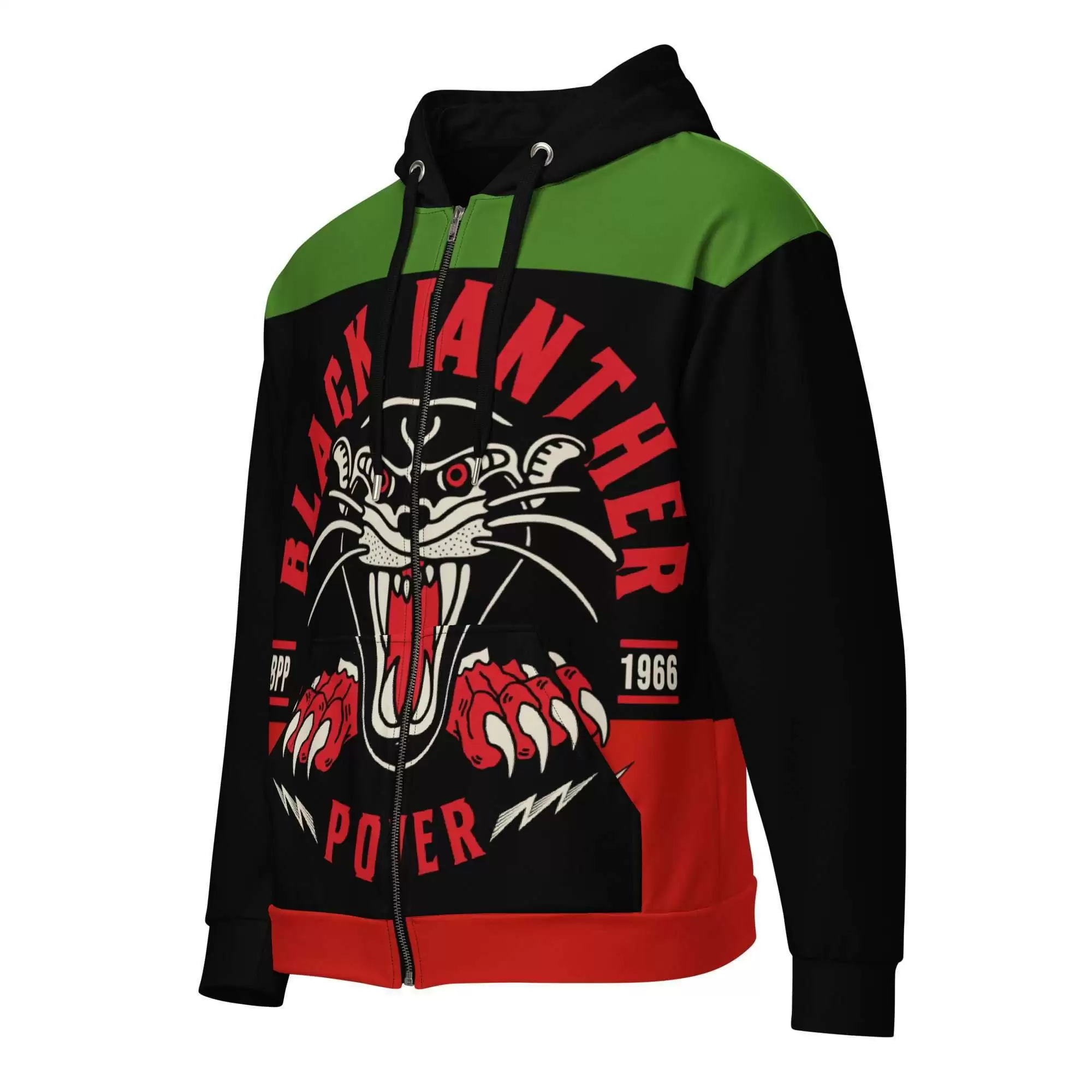 Black Panther Party hoodie zip up side front view unisex style with black trim. Pan African colors people power design at Rastaseed.com clothing and merchandise.