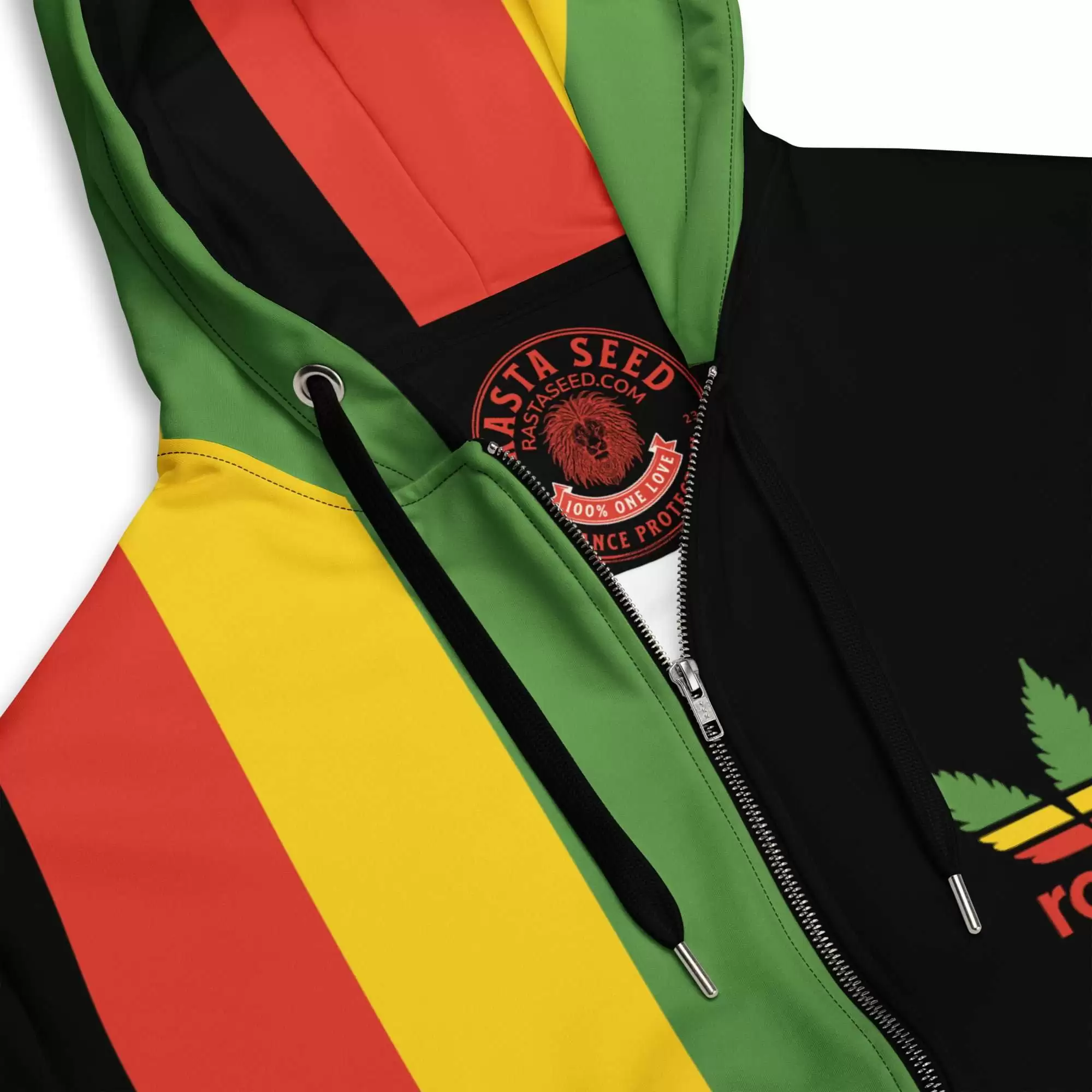 Roots zip up hoodie, black with red, gold and green stripe and hemp leaf logo branding label view. Rastafarian clothing and Jamaican gear at Rastaseed.com