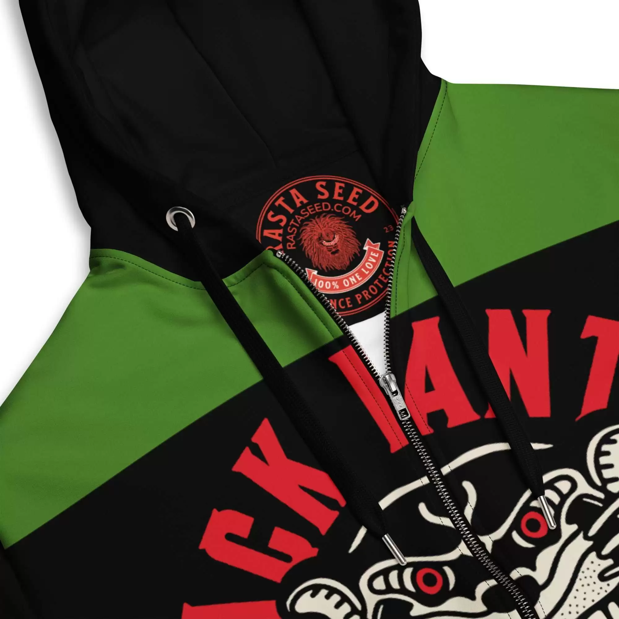 Black Panther Party hoodie zip up label branding view unisex style with black trim. Pan African colors people power design at Rastaseed.com clothing and merchandise.