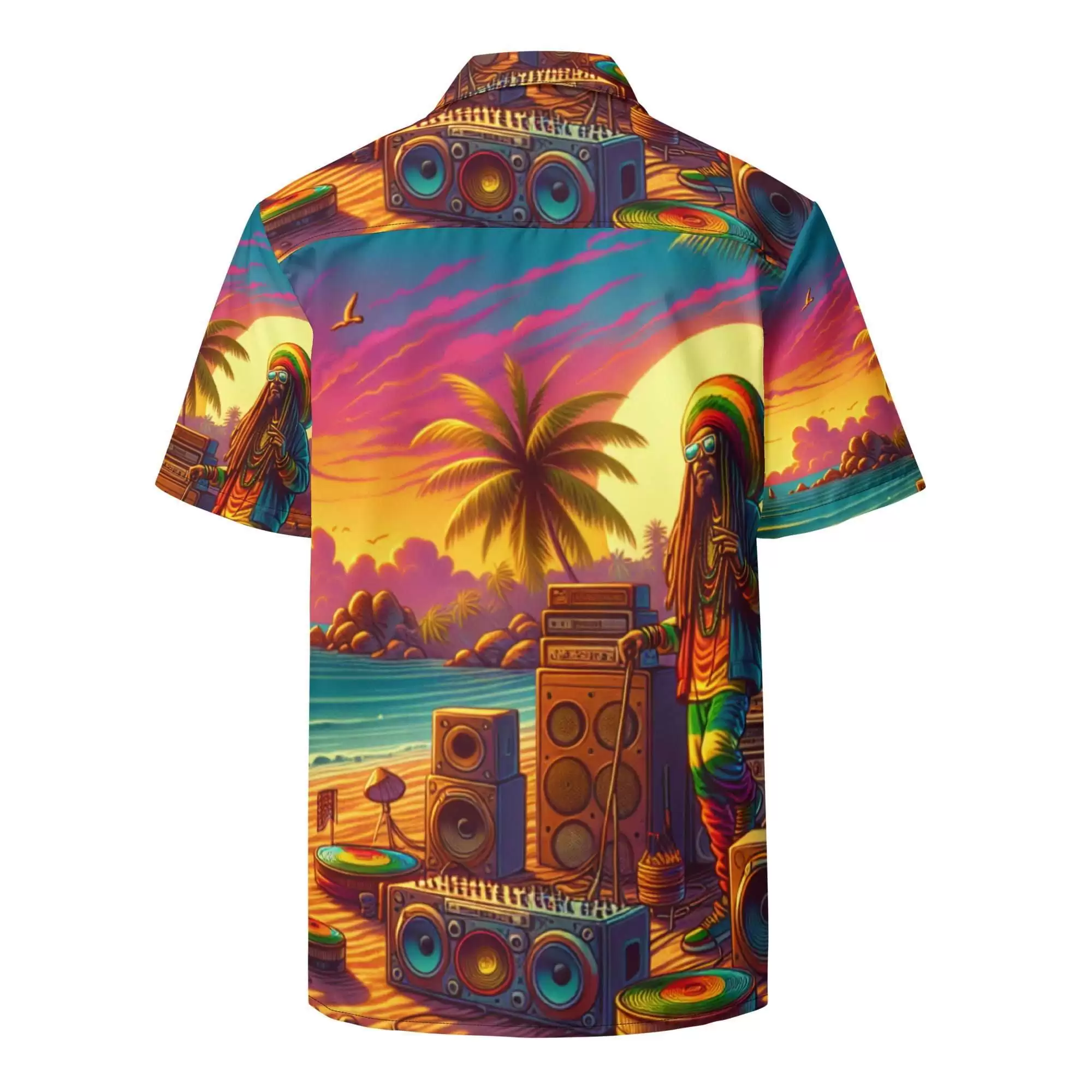 Rastafarian Beach Party shirt back view with tropical sunset colors, sound systems and cool Rastaman. Fun shirt for summer vacation.