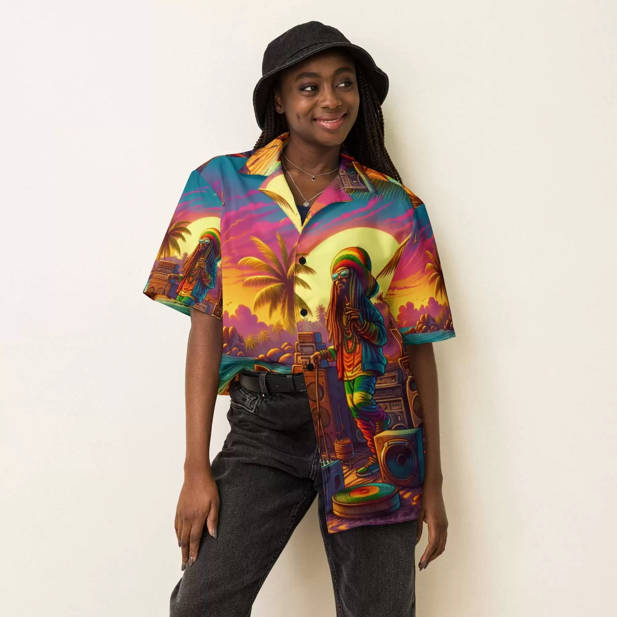 Rastafarian Beach Party shirt front model casual view with tropical sunset colors, sound systems and cool Rastaman. Fun shirt for summer vacation.