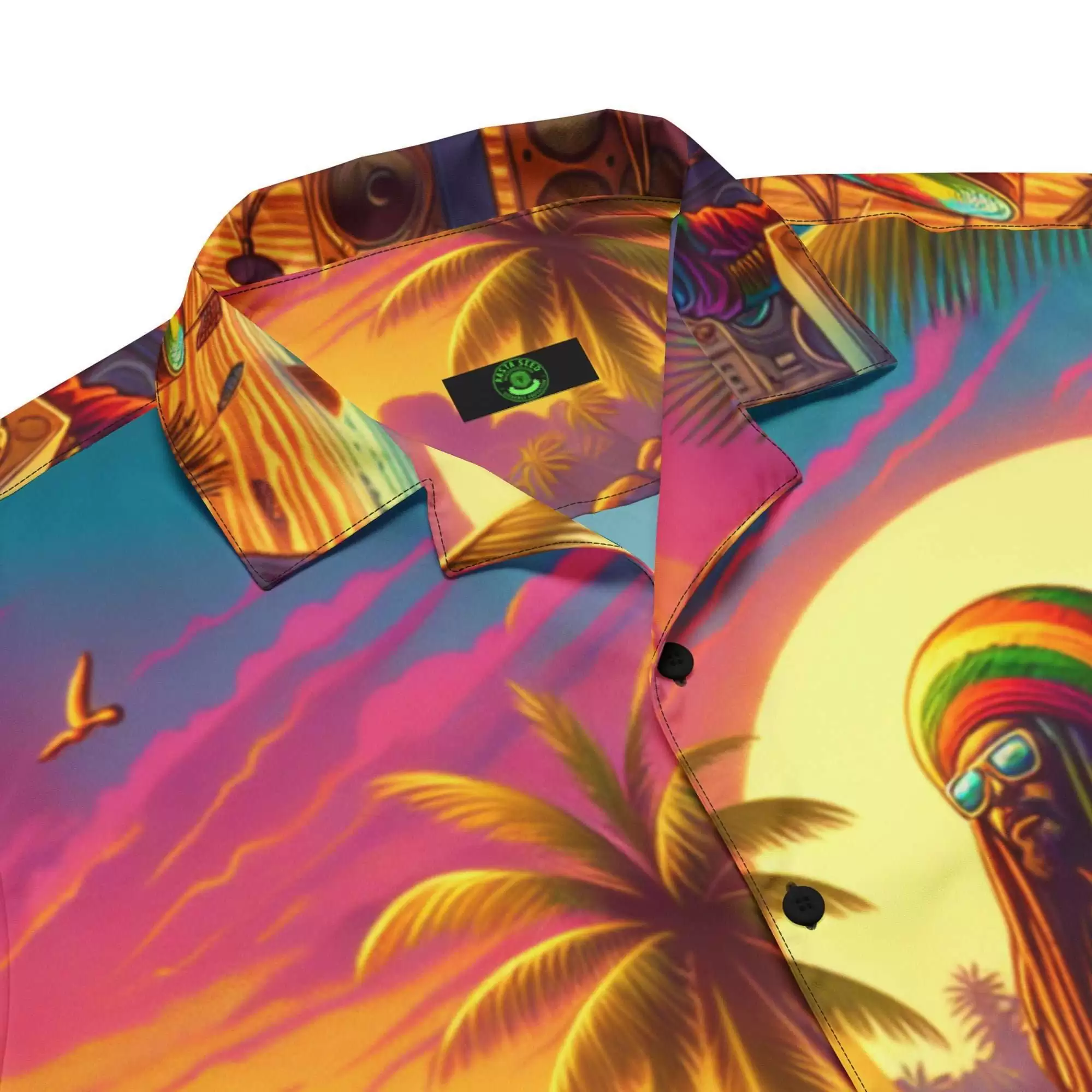 Rastafarian Beach Party shirt branding label view with tropical sunset colors, sound systems and cool Rastaman. Fun shirt for summer vacation.