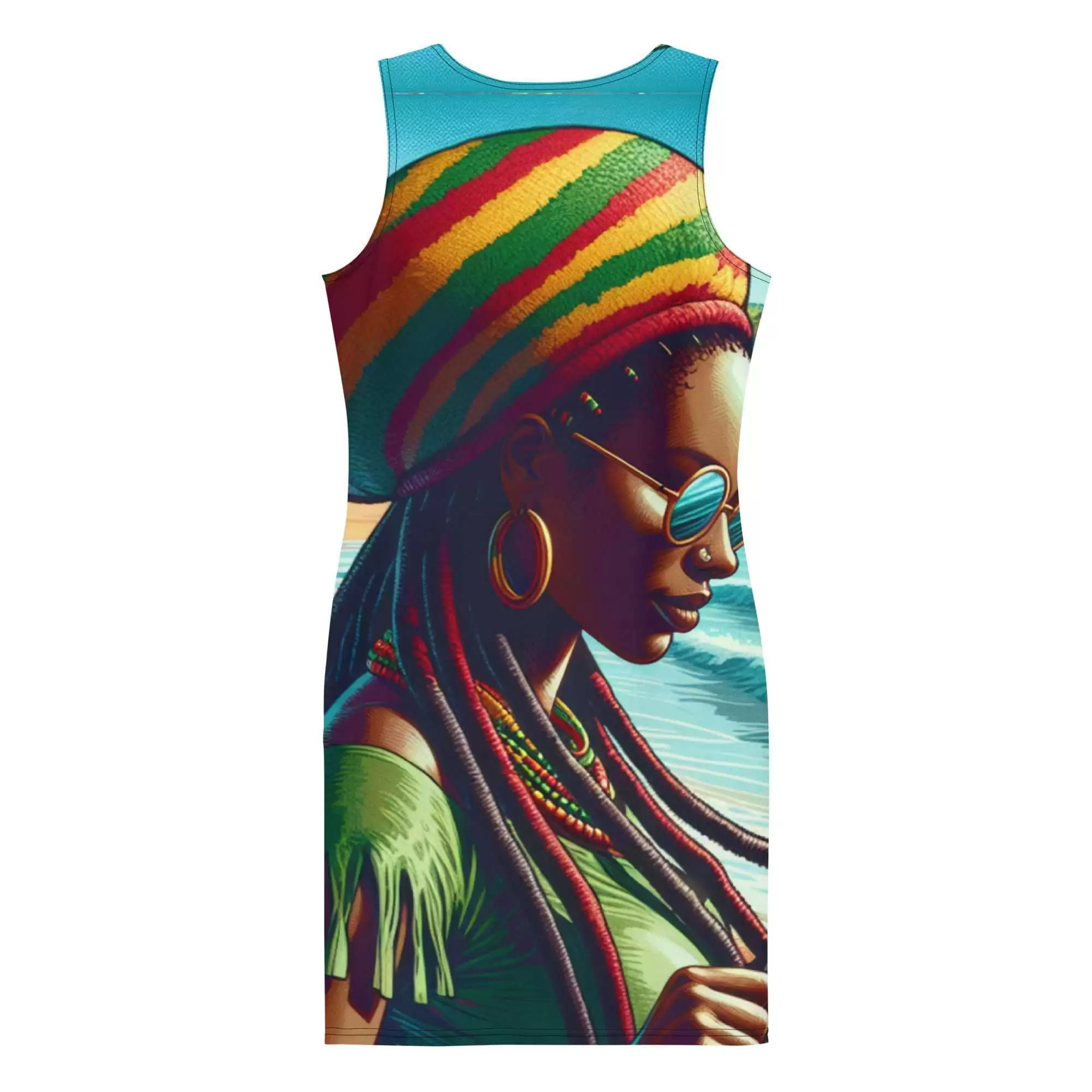 Rasta woman dress back view in vibrant colors and with a beachy vacation feel. Body hugging fit and Rastafarian colors create a great festival or holiday look.