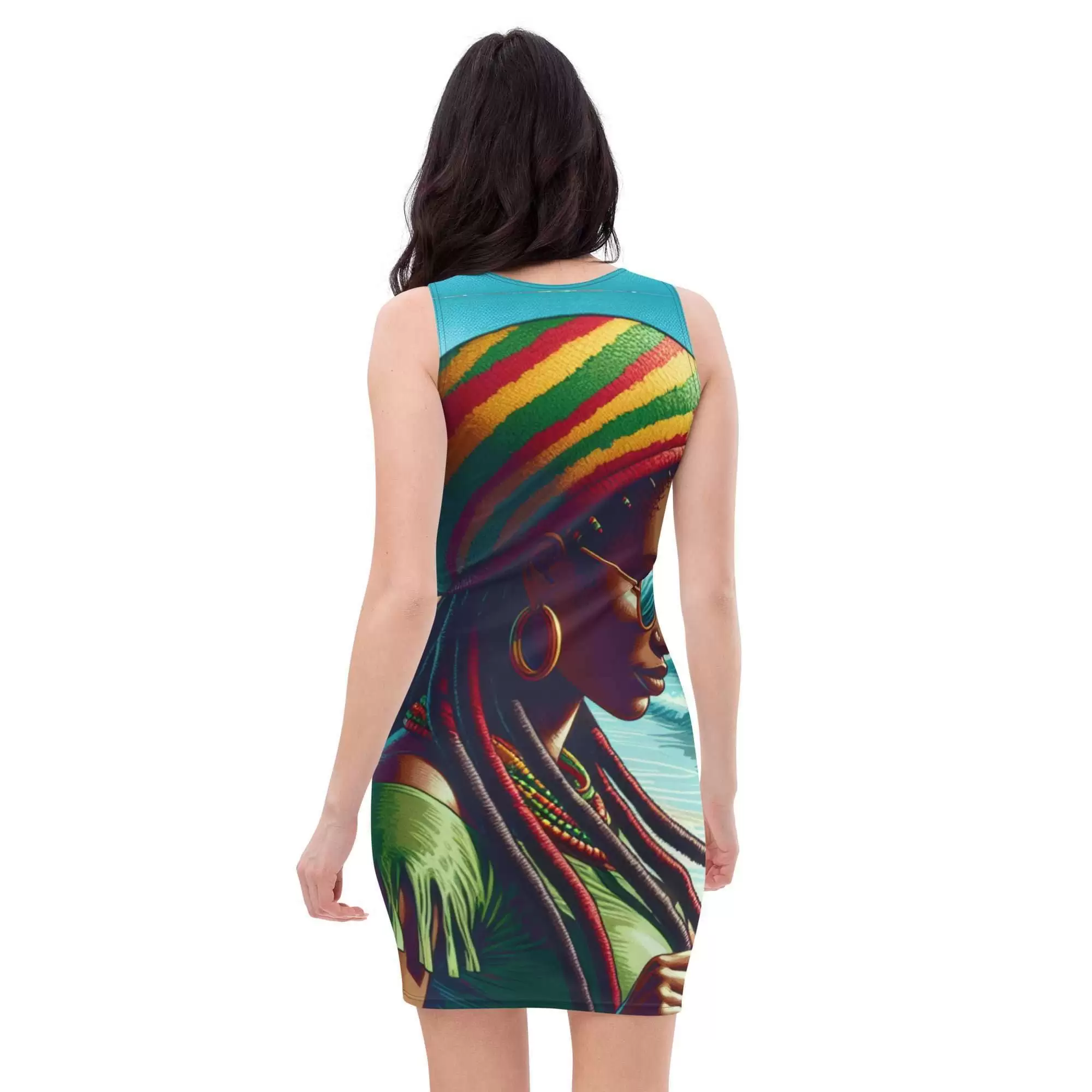 Rasta woman dress back model view in vibrant colors and with a beachy vacation feel. Body hugging fit and Rastafarian colors create a great festival or holiday look.