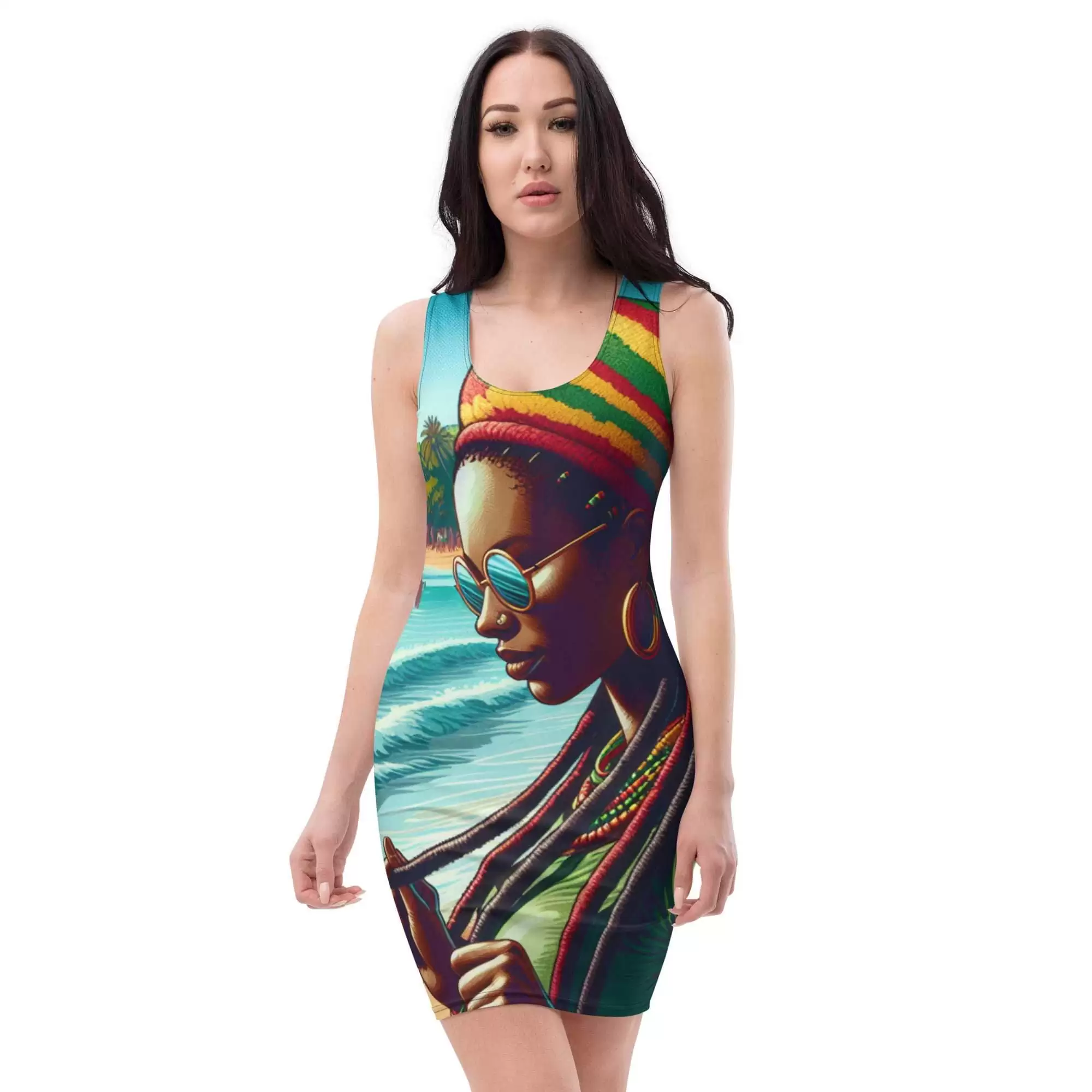 Rasta woman dress front model view in vibrant colors and with a beachy vacation feel. Body hugging fit and Rastafarian colors create a great festival or holiday look.