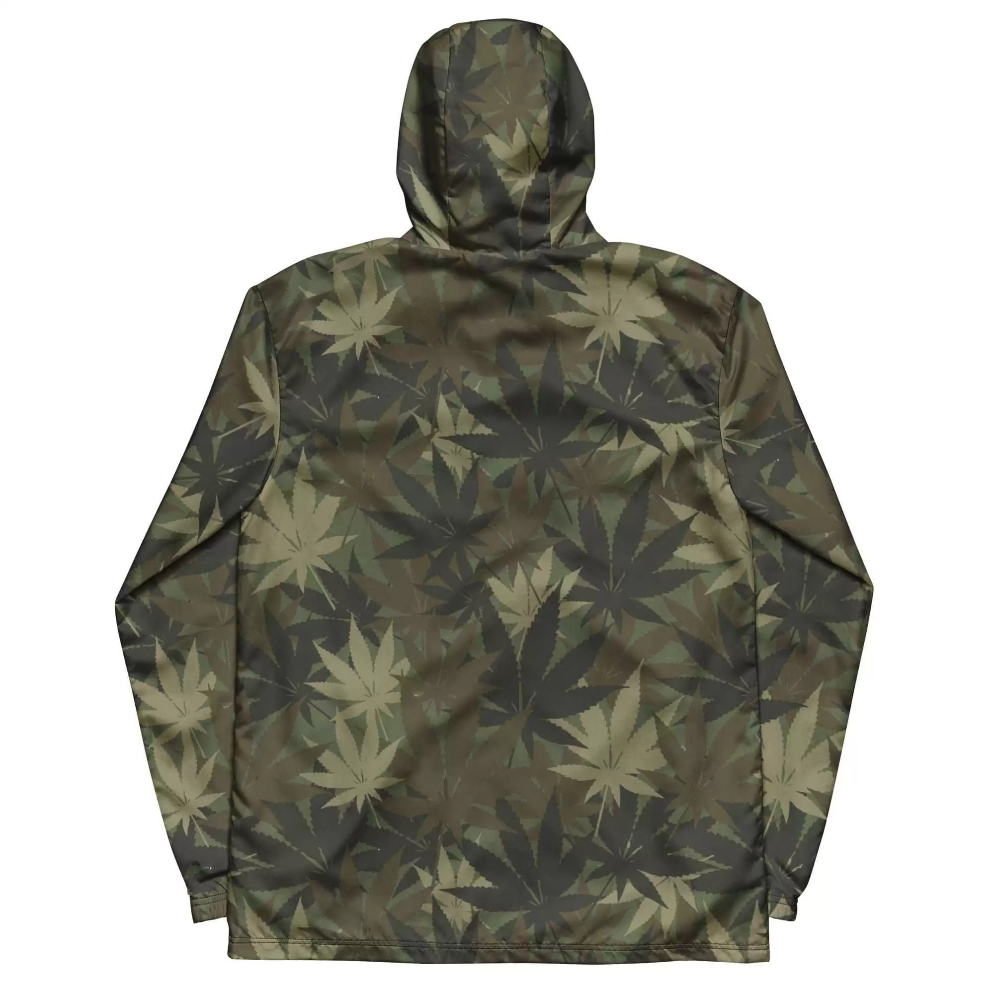 Rasta Hemp Leaf Men’s windbreaker or rain jacket back view. Great for that unexpected shower of rain when out and about in the city or country.