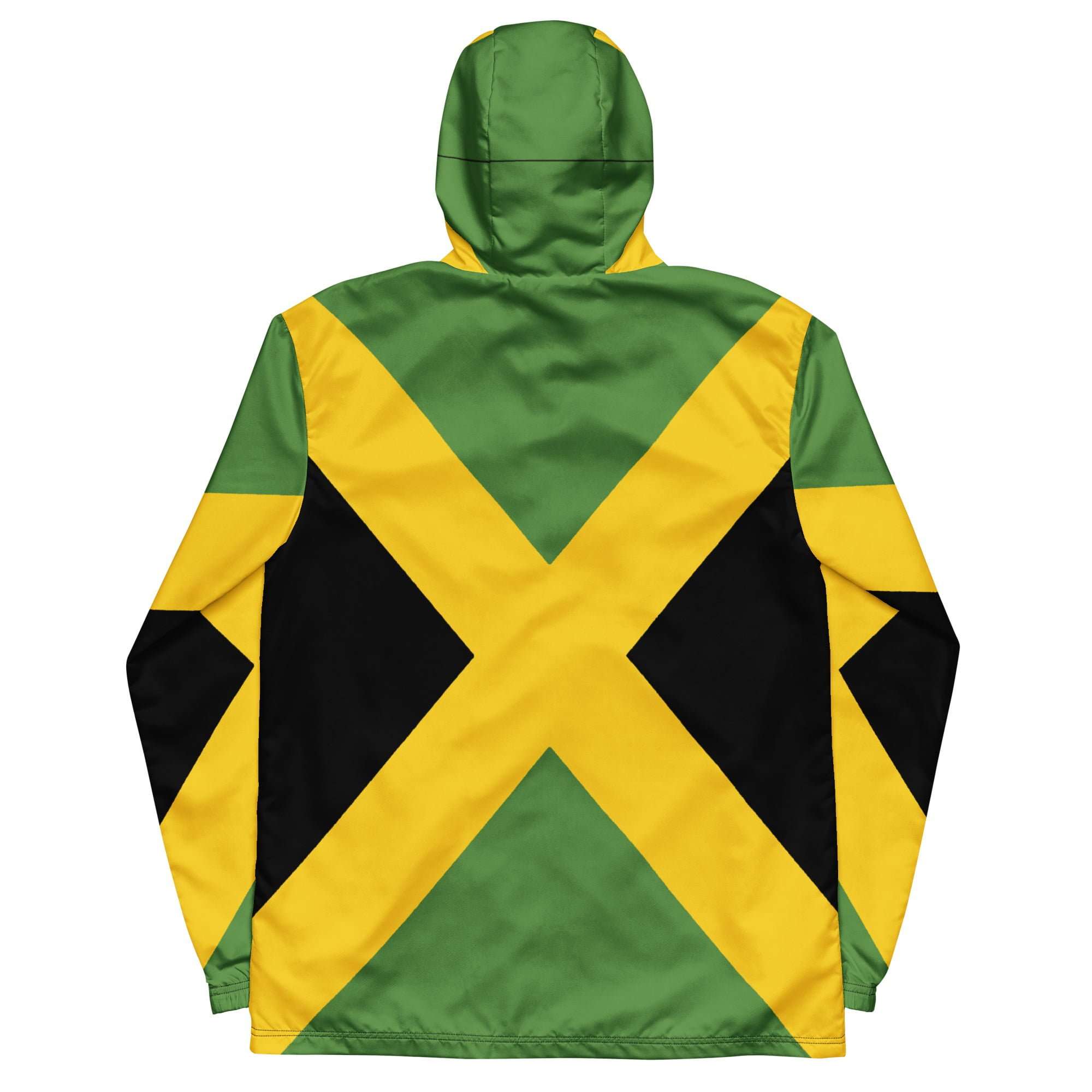 Jamaican Men’s windbreaker back view in JA colors with front zip and hood. Great for unexpected rain showers in the city or country.