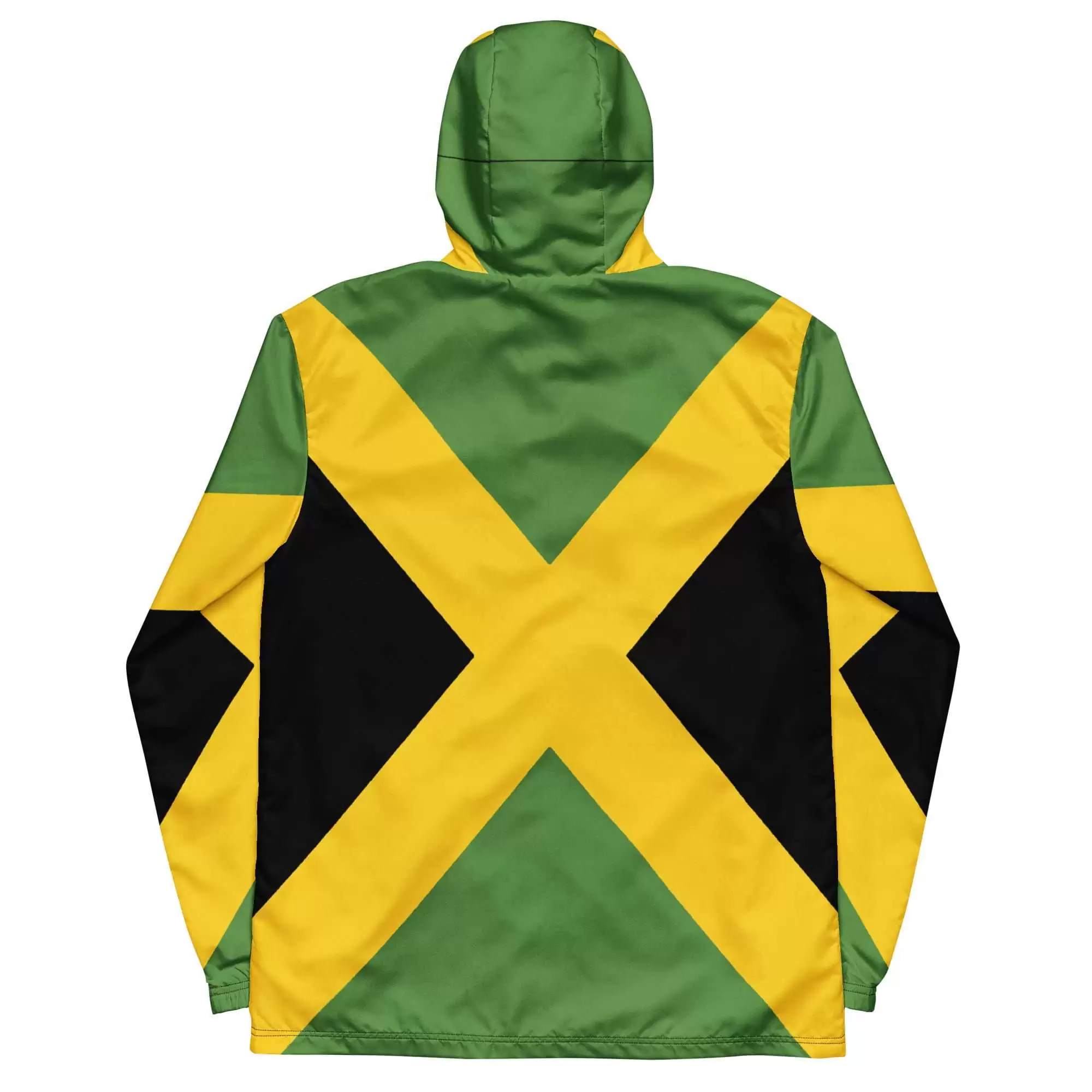 Jamaican Men’s windbreaker back view in JA colors with front zip and hood. Great for unexpected rain showers in the city or country.