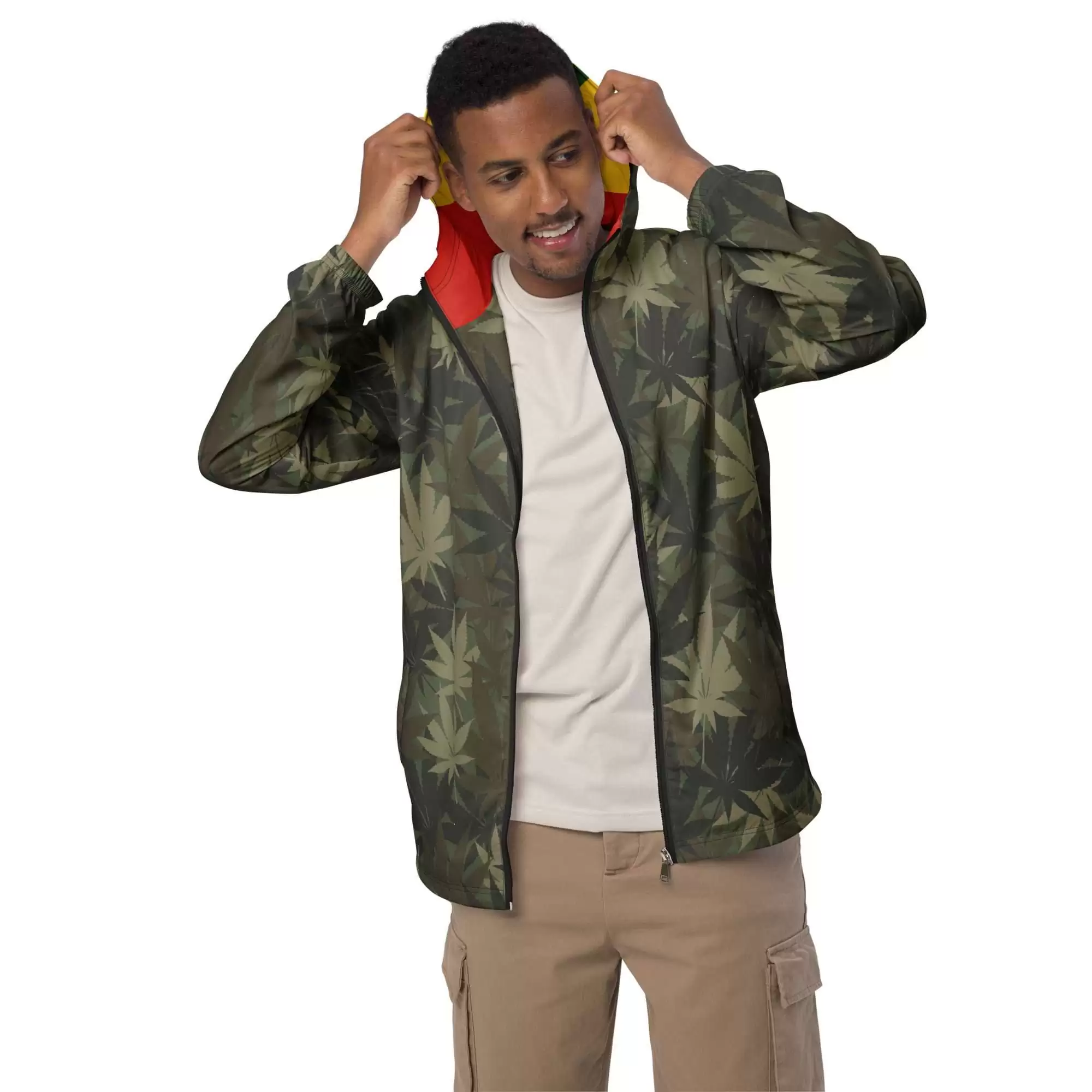 Rasta Hemp Leaf Men’s windbreaker or rain jacket front model view. Great for that unexpected shower of rain when out and about in the city or country.
