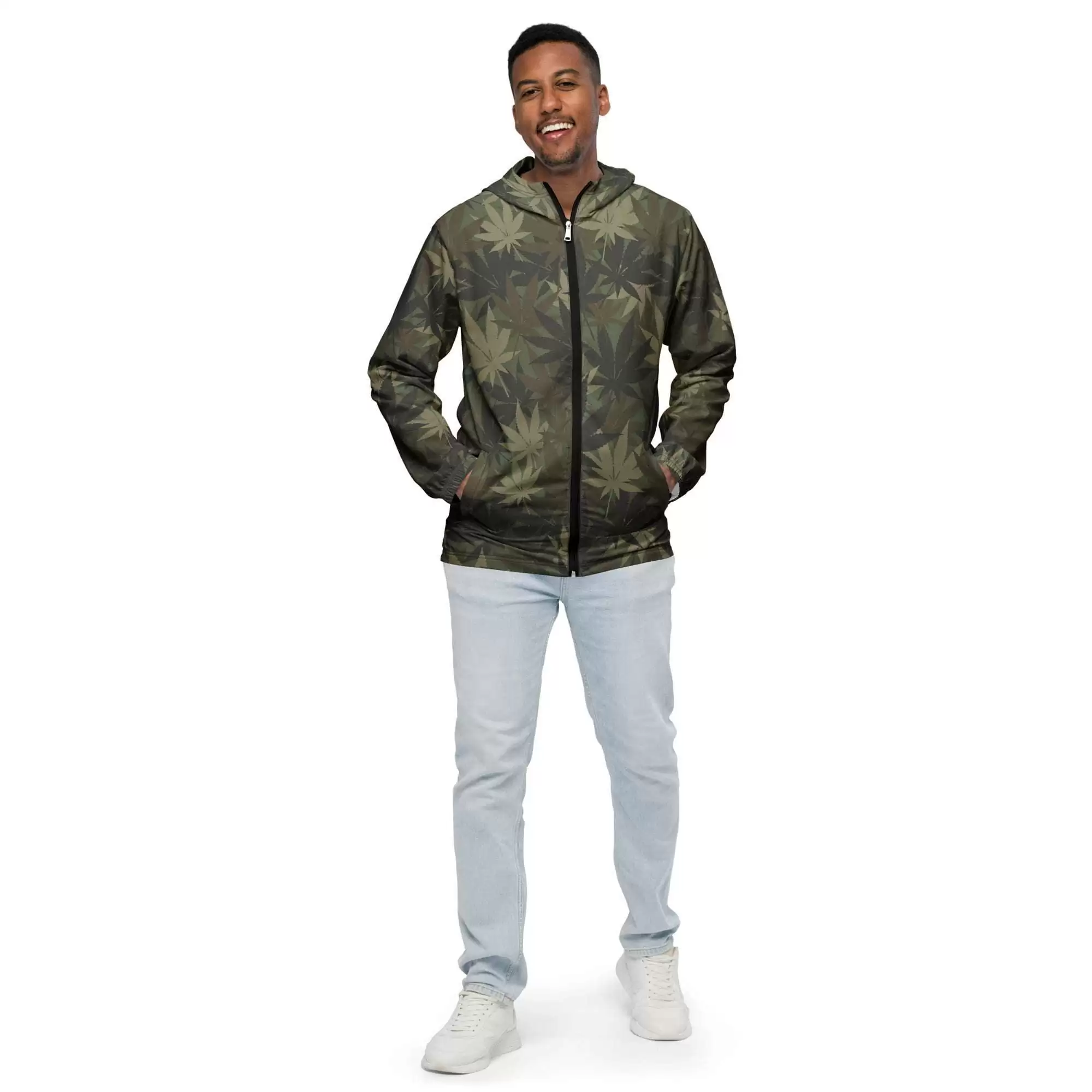 Rasta Hemp Leaf Men’s windbreaker or rain jacket zip up front model view. Great for that unexpected shower of rain when out and about in the city or country.