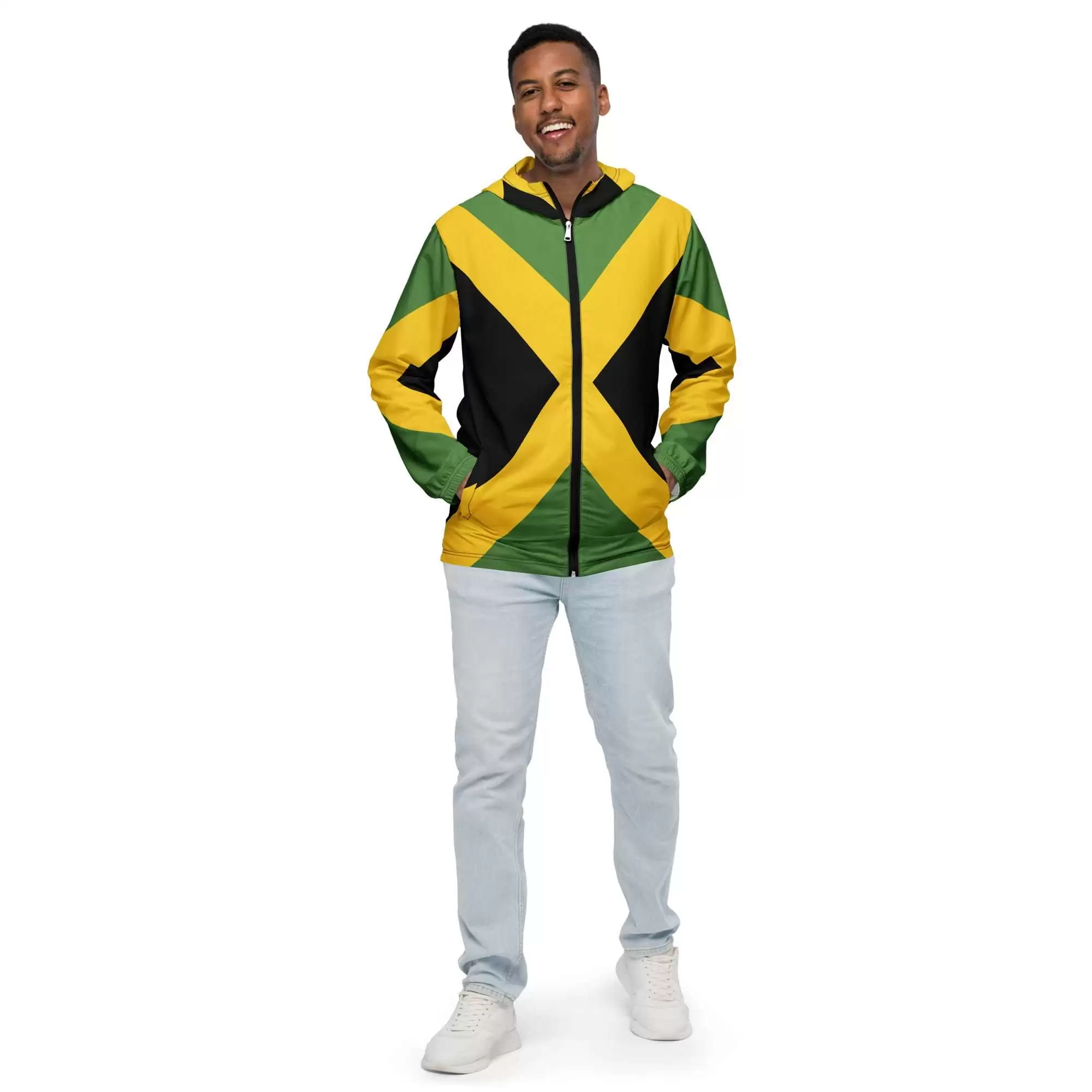 Jamaican Men’s windbreaker front model view in JA colors with front zip and hood. Great for unexpected rain showers in the city or country.
