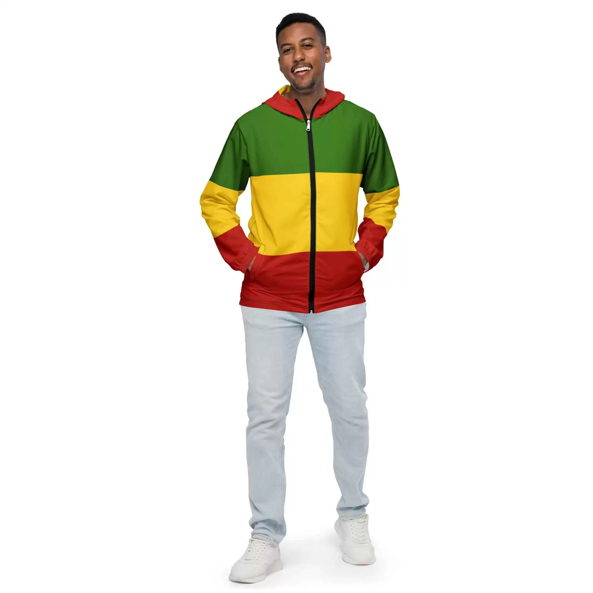 Rasta raincoa front model zip up view t in the Reggae Rastafarian colors red gold green and black. Great for unexpected showers at your favourite Reggae Festival.